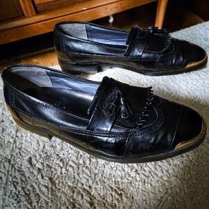 NEW YORK ( 10-10.5 )  BLACK LEATHER Custom Handmade NY Tassel Gold Tipped Shoes